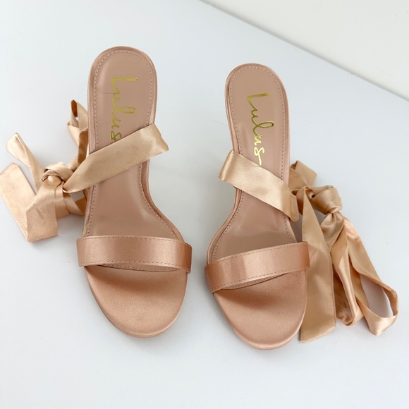 Lulu’s Gold Satin Lace Up High Heel Sandals - Picture 8 of 11